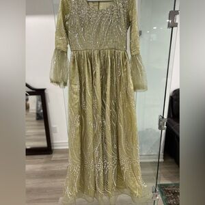 HAND-SEWN BEAUTIFUL OLIVE GREEN FANCY/PARTY DRESS.